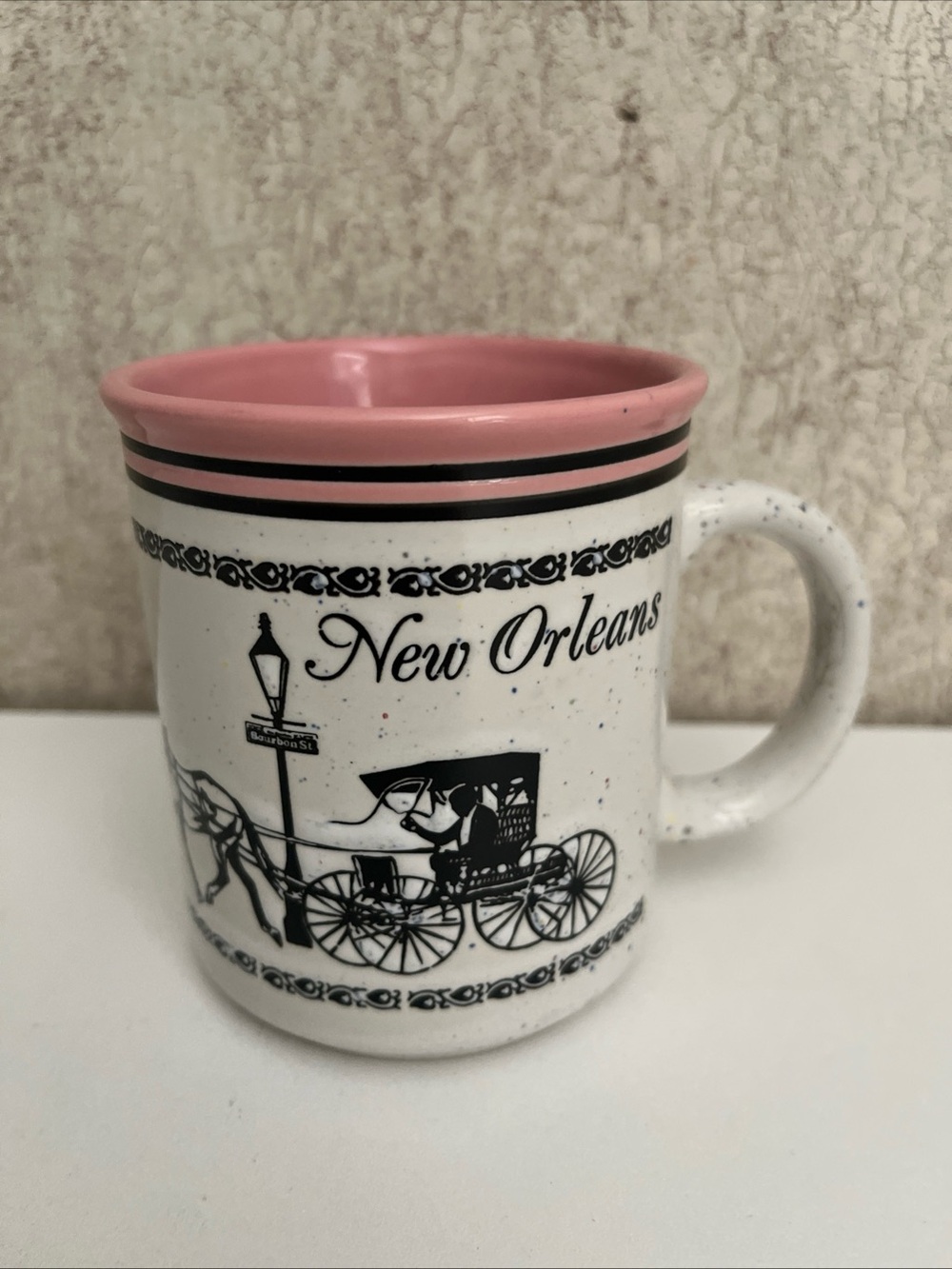 Vtg New Orleans Souvenir Mug Speckled Embossed Graphic Pink Interior